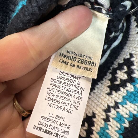 L.L. Bean Nordic Sweater Black Teal Cardigan Button Up Medium Cotton VTG Cabin - Picture 7 of 10